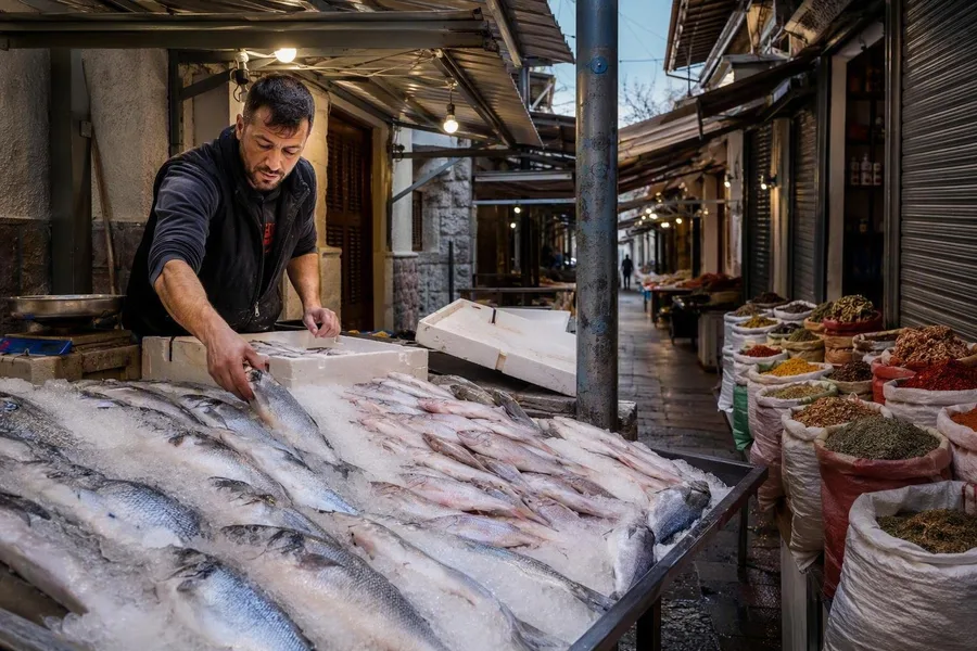 Een visboer schikt vis op ijs onder de lage metalen overkappingen van Kapani in Thessaloniki.