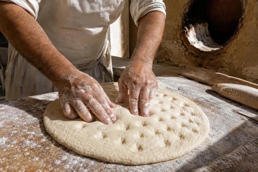 Met bloem bestoven handen drukken putjes in taftoondeeg in een buurtbakkerij in Yazd.