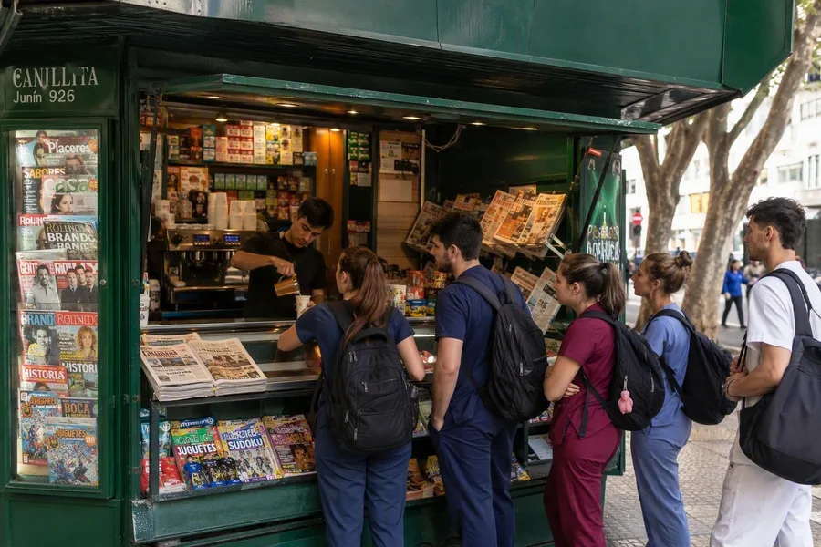 Studenten staan voor koffie in de rij bij kiosk Canillita aan Junín 926, naast kranten en tijdschriften.