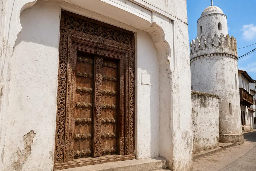 De gesneden houten deur van de Mandhry-moskee staat in de witgekalkte gevel bij de oude haven van Mombasa.