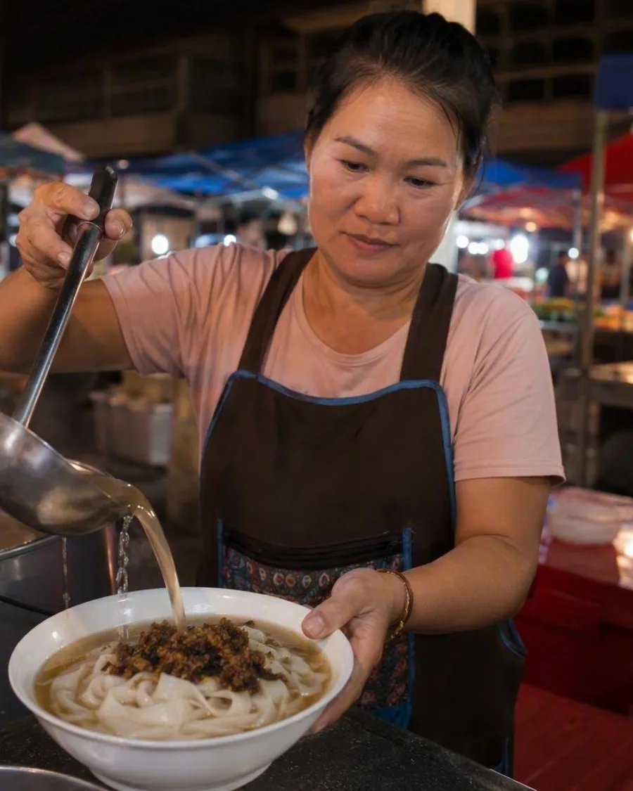 Rijstnoedels op de avondmarkt van Luang Namtha