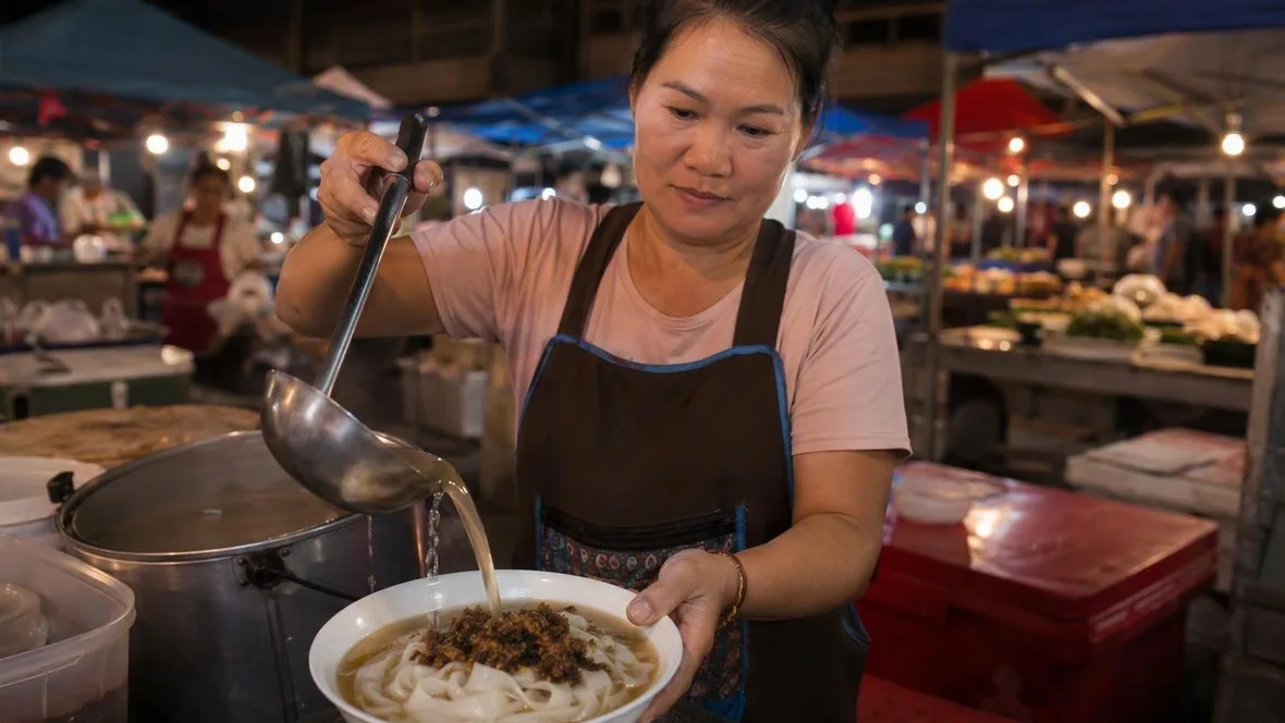 Rijstnoedels op de avondmarkt van Luang Namtha