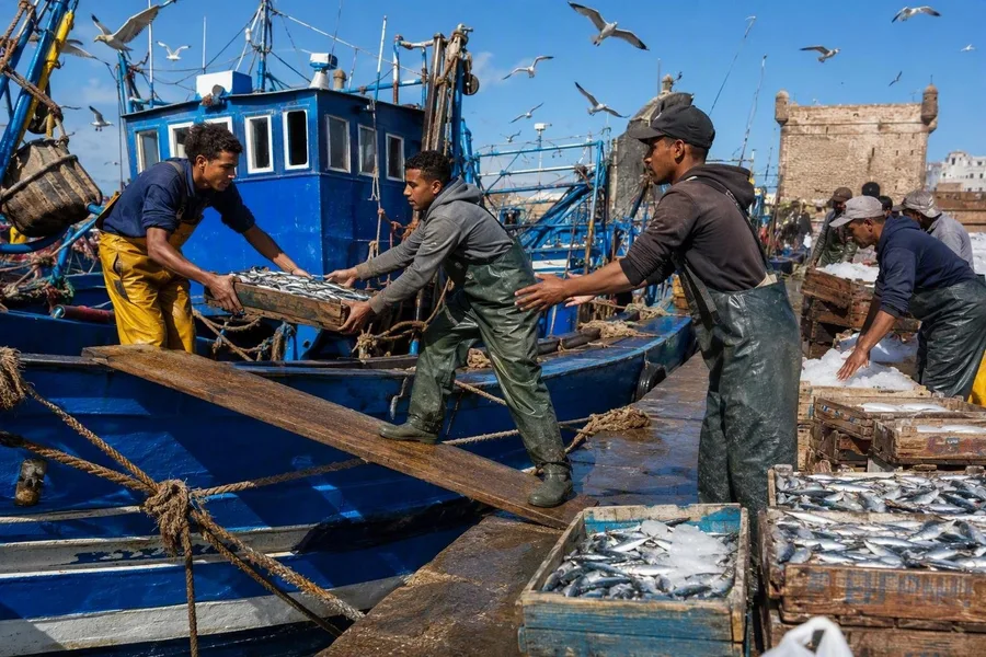 Arbeiders lossen kratten sardines van een blauwe trawler op de havenkade van Essaouira terwijl meeuwen cirkelen.