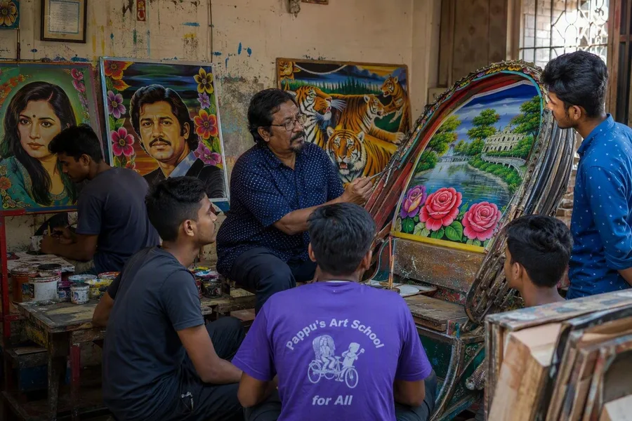 Mohammad Hanif Pappu en collega-mentoren geven les in riksjaschilderkunst in Chawkbazar, Oud-Dhaka.
