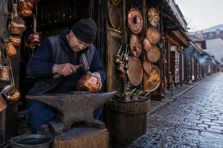 Een koperslager hamert koper naast een aambeeld in de Kazandžilukstraat in Sarajevo.