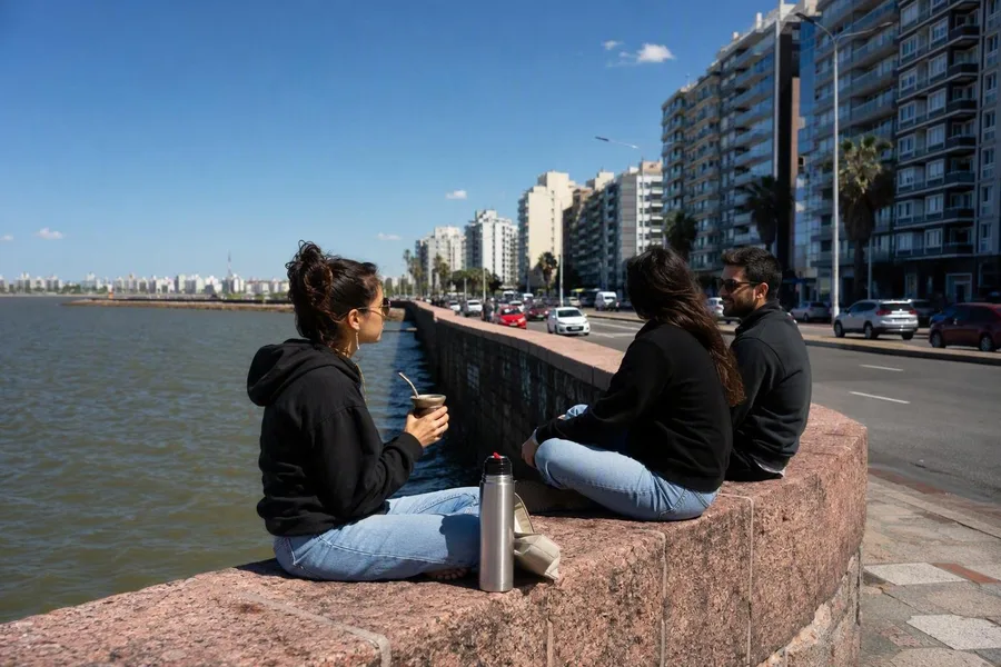 A small group sits with mate and a thermos on Rambla Sur’s granite wall.