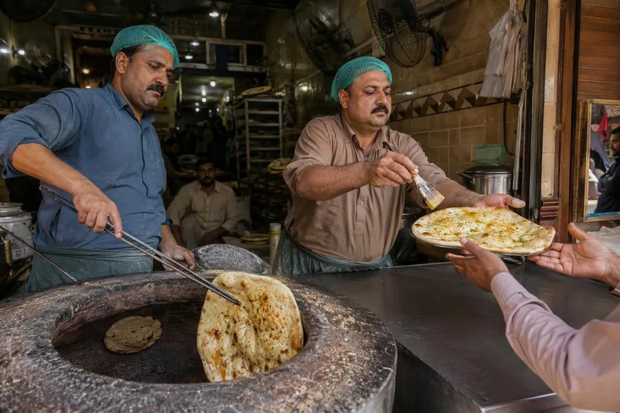 Aurangzaib en Sikandar-i-Azam werken naan af voor een klant in Mozang Bazaar.
