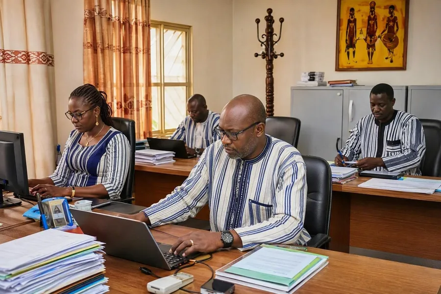Ambtenaren dragen lokaal geweven Faso Dan Fani in een overheidskantoor in Burkina Faso.