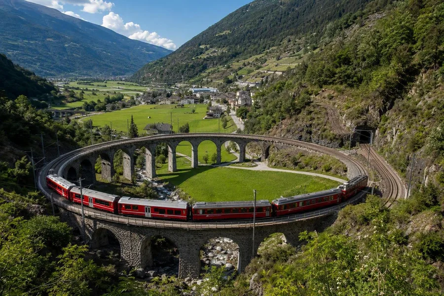 Een regionale trein buigt over het ronde viaduct van Brusio, kort voor Tirano.