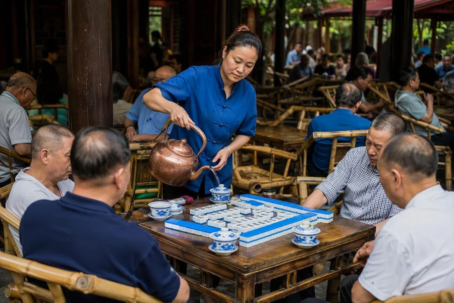 Een bediener vult een gaiwan bij naast mahjongspelers in Heming Tea House in het Volkspark.