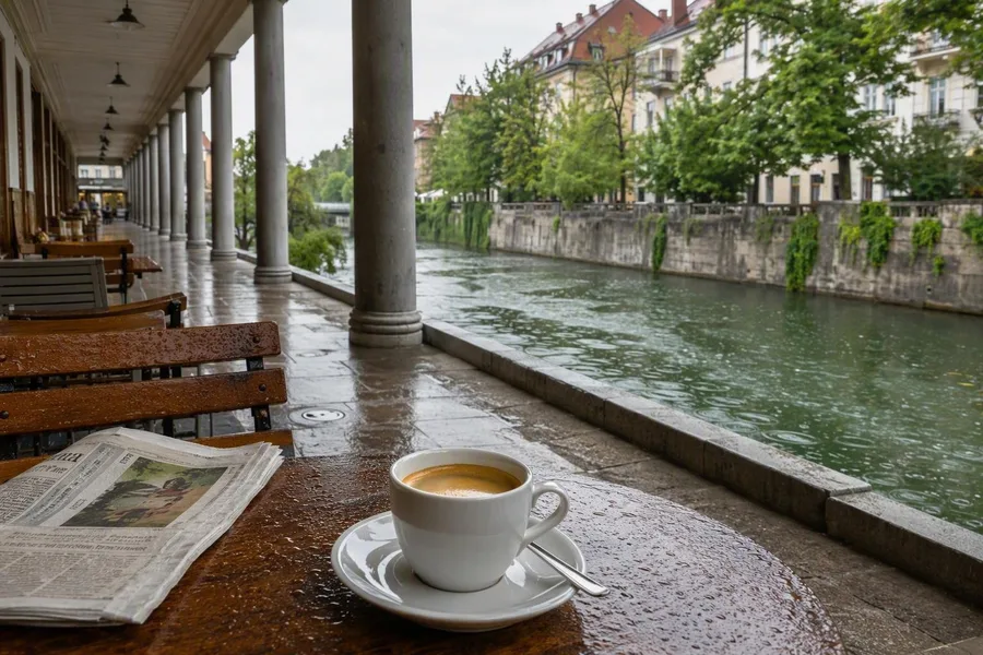 Een koffiekop staat onder de marktbogen naast de door regen gerimpelde Ljubljanica.