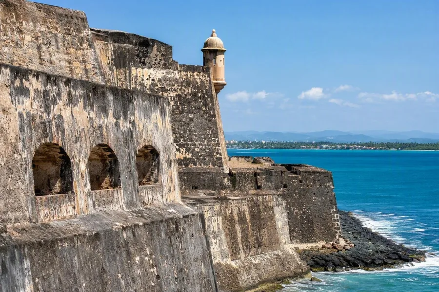 De stenen muren en zeeverdediging van El Morro in Viejo San Juan.