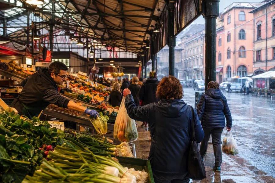 A vendor serves shoppers carrying grocery bags inside Mercato delle Erbe as rain falls outside.