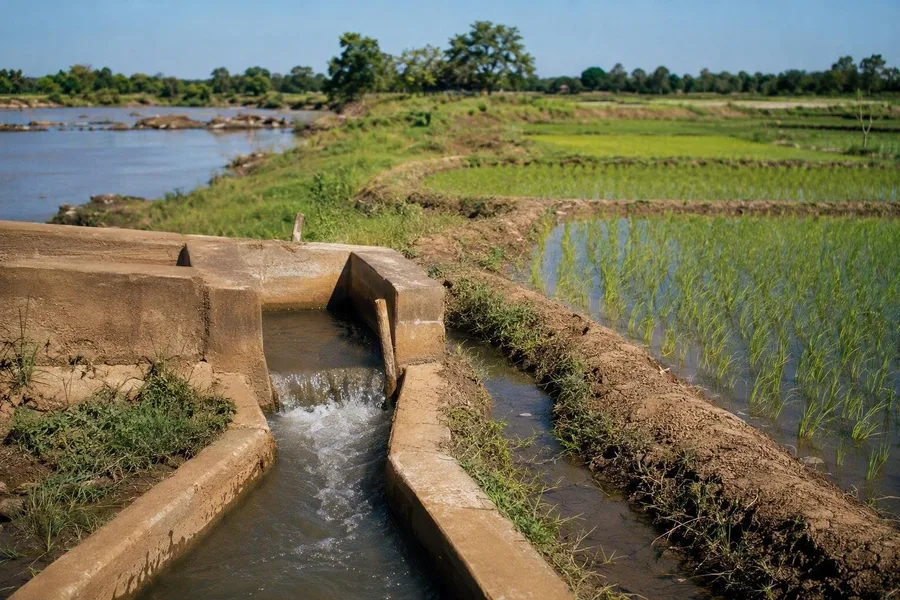 Irrigatiekanalen voeren water van de Comoé naar rijstvelden bij Karfiguéla.