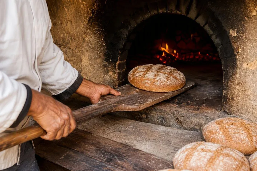Een bakker schuift een gemerkt brood in een buurtoven vlak binnen Bab Doukkala.