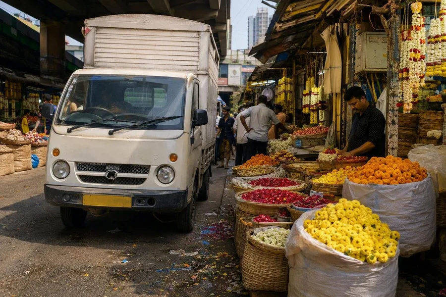 A delivery vehicle, baskets and flower stalls crowd the street around Dadar market.