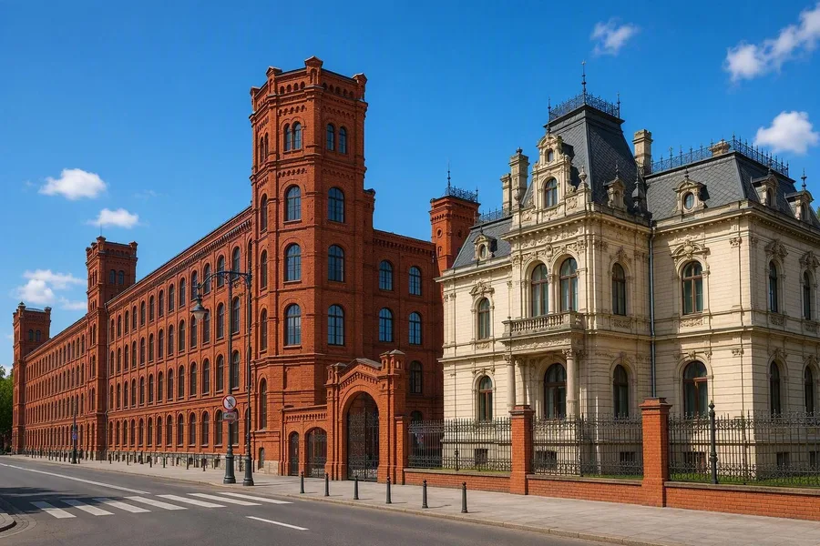 Poznański’s rode bakstenen spinnerij en rijk versierde paleis staan samen aan de Ogrodowa in Łódź.