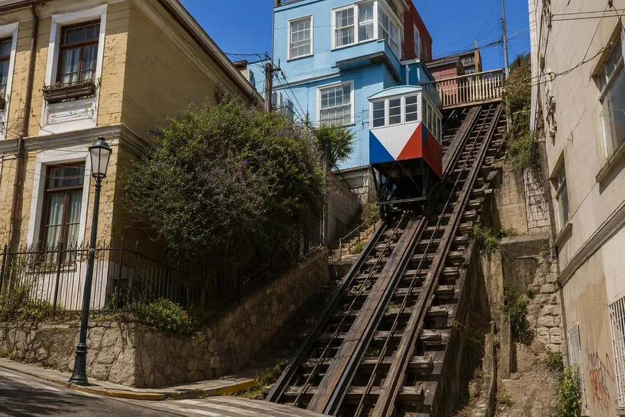 De kleine cabine van Ascensor Reina Victoria klimt langs de steile rails boven Calle Elías.