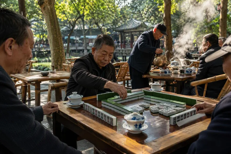 Mahjong players arrange tiles beside steaming gaiwans at Heming Teahouse in People’s Park.