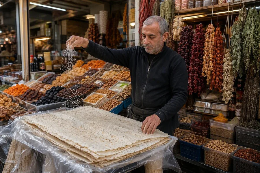 A seller sprinkles water over lavash inside GUM Market on Movses Khorenatsi Street.