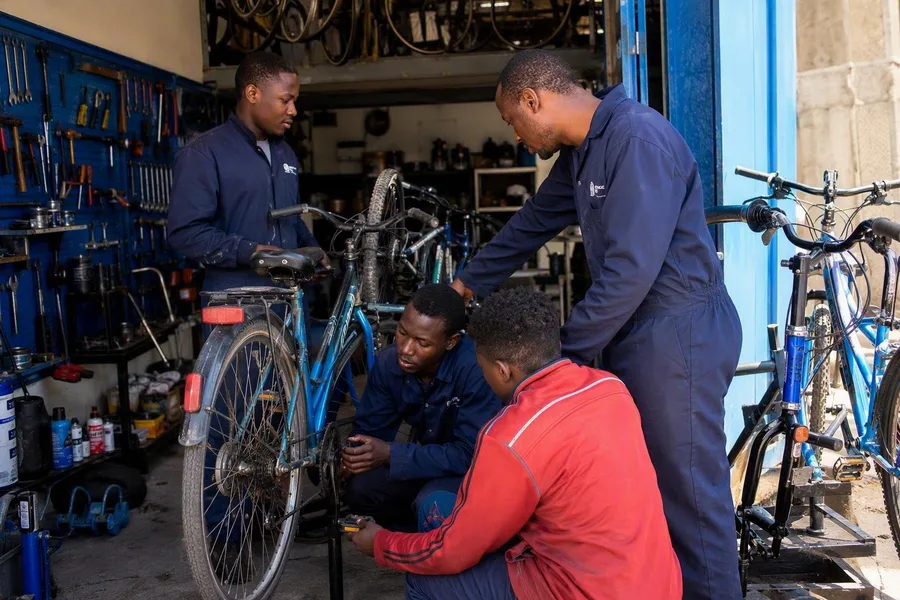 Bikepreneur-deelnemers krijgen praktische fietsmonteurstraining bij ABC Bicycle Company in Arusha.