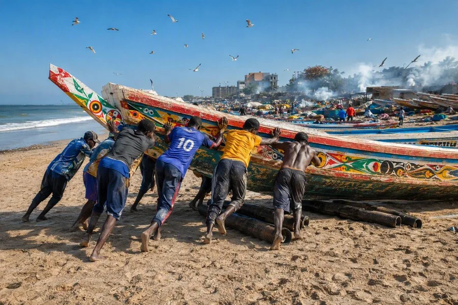 Werkers duwen een beschilderde pirogue over rollen op het zand van Soumbédioune.
