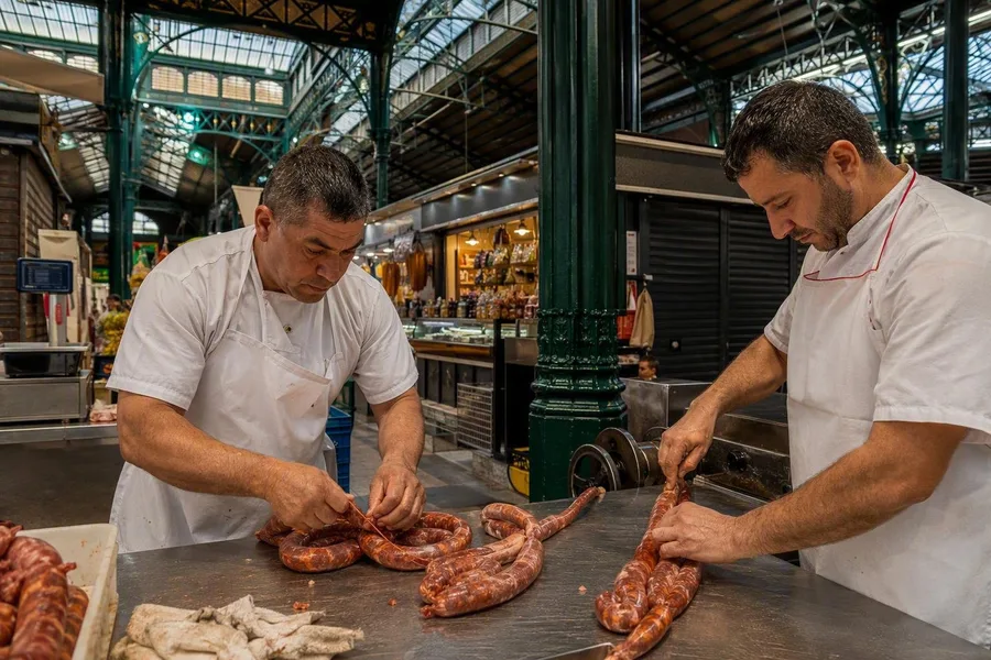 Mannen in witte schorten bereiden chorizo aan een metalen toonbank in Mercado de San Telmo.