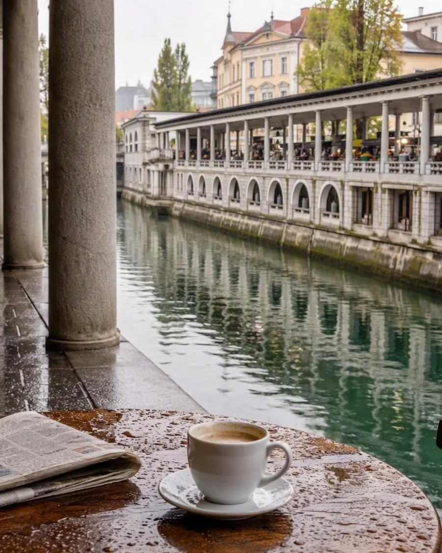 Onder de bogen naar koffie: een natte ochtend in Ljubljana