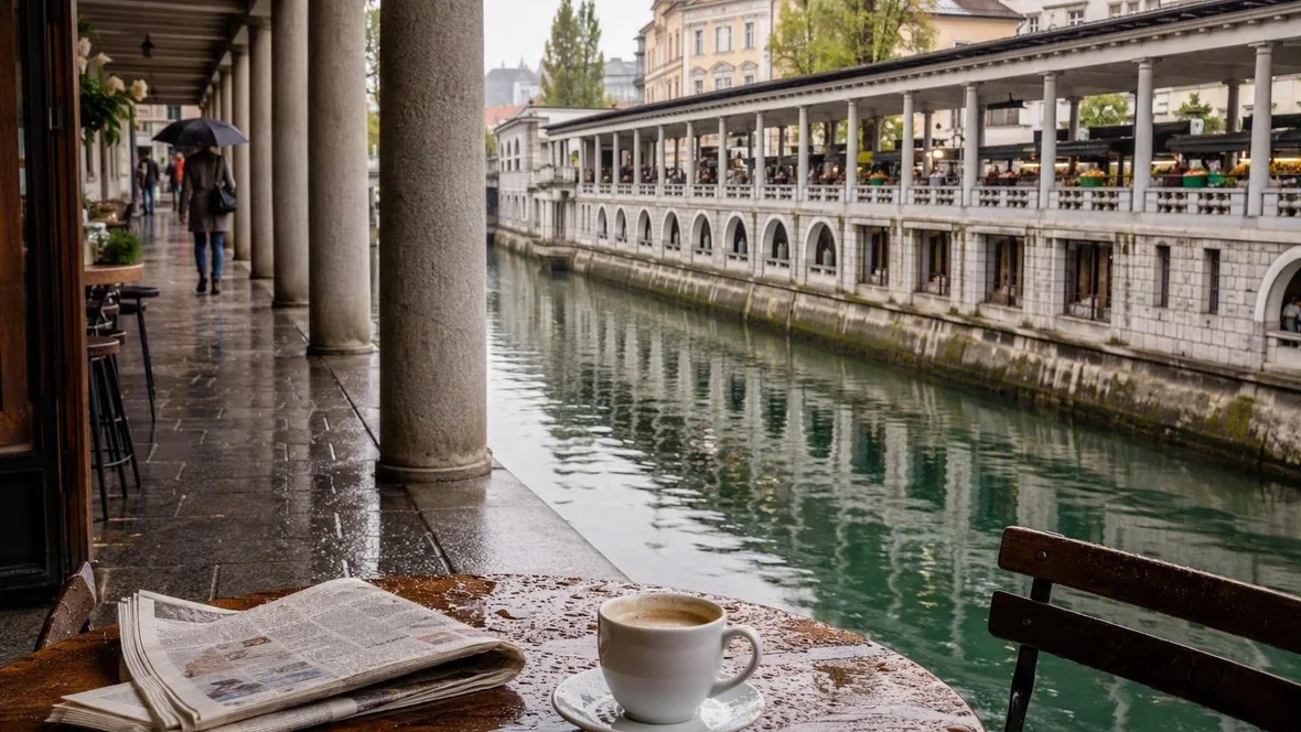 Onder de bogen naar koffie: een natte ochtend in Ljubljana
