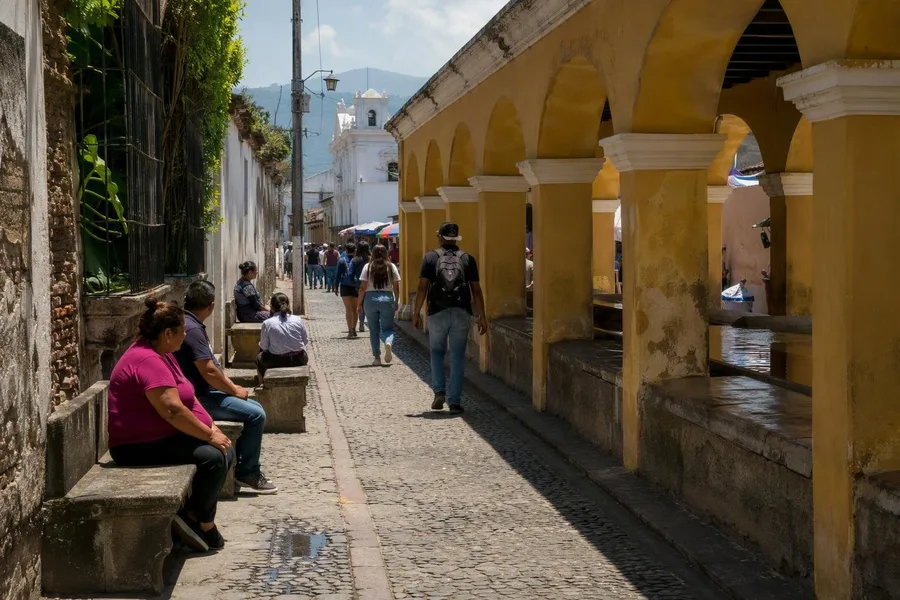 Pedestrians pass Tanque La Unión beside Plaza La Unión and the narrow street by Santa Clara.