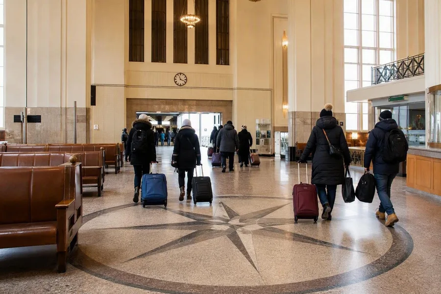 Voetpassagiers lopen over de kompasroosvloer in de gerestaureerde Olympia Terminal in Helsinki.