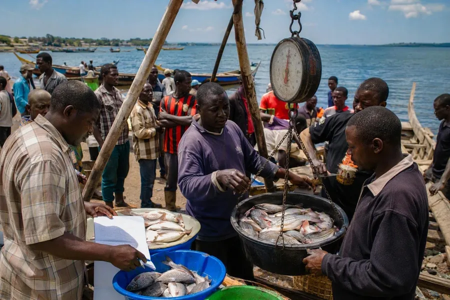 Vissers en handelaren komen samen bij de visweegplaats van Kigungu Fish Landing Site.