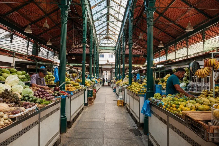 Voedselverkopers werken onder gietijzeren kolommen in Mercado de São José in Recife.