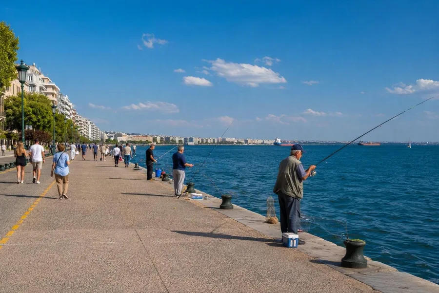 Vissers staan naast wandelaars op de gebouwde kade langs de Thermaïsche Golf in Thessaloniki.