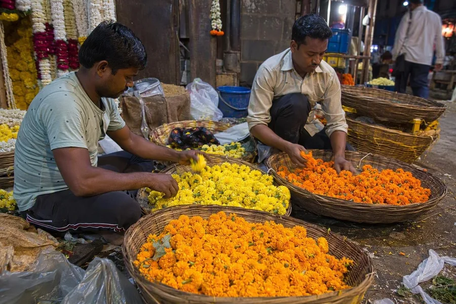 Sellers sort yellow and orange marigolds from baskets in Dadar’s flower market.