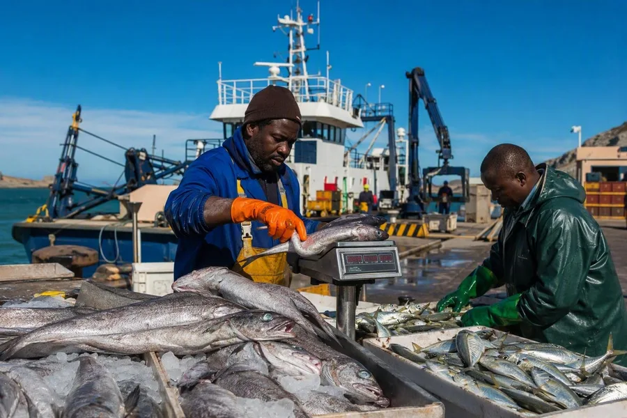 Werknemers sorteren en wegen vis op de commerciële kade van Robert Harbour in Lüderitz.