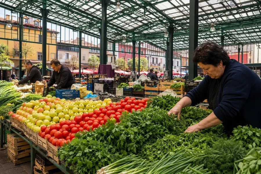 Handelaren rangschikken appels, tomaten en kruiden onder het glazen dak van Pazari i Ri in Tirana.