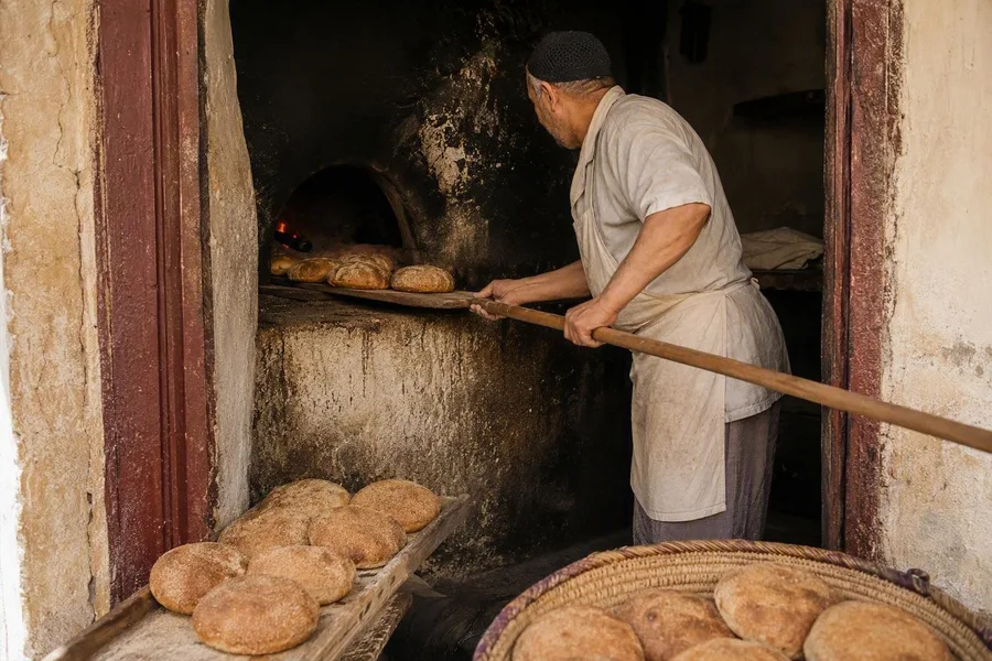 Een bakker schuift broden van huishoudens in de gemeenschappelijke oven van Ferrane Kouicha bij Talaa Kebira.