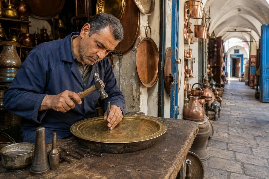 Een ambachtsman bewerkt een messing dienblad in de overdekte Souk Ennhas in Tunis.