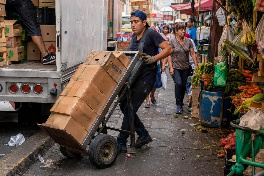 Een diablero stuurt een geladen diablito van een bestelwagen naar een kraam in La Merced.