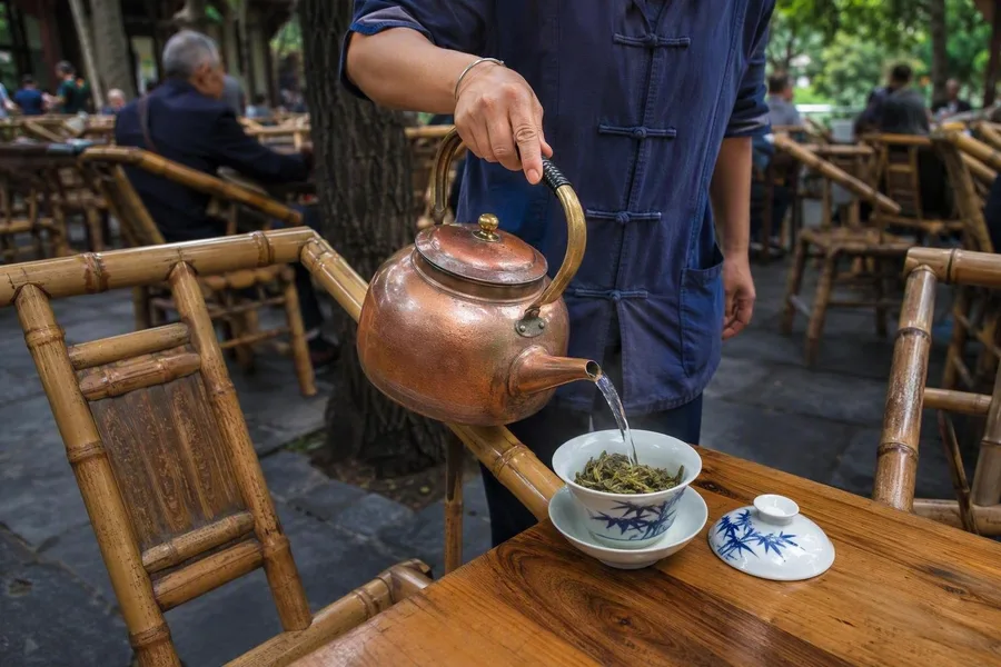 Een bediener vult een gaiwan met theebladeren naast bamboestoelen in Heming Tea House in het Volkspark.