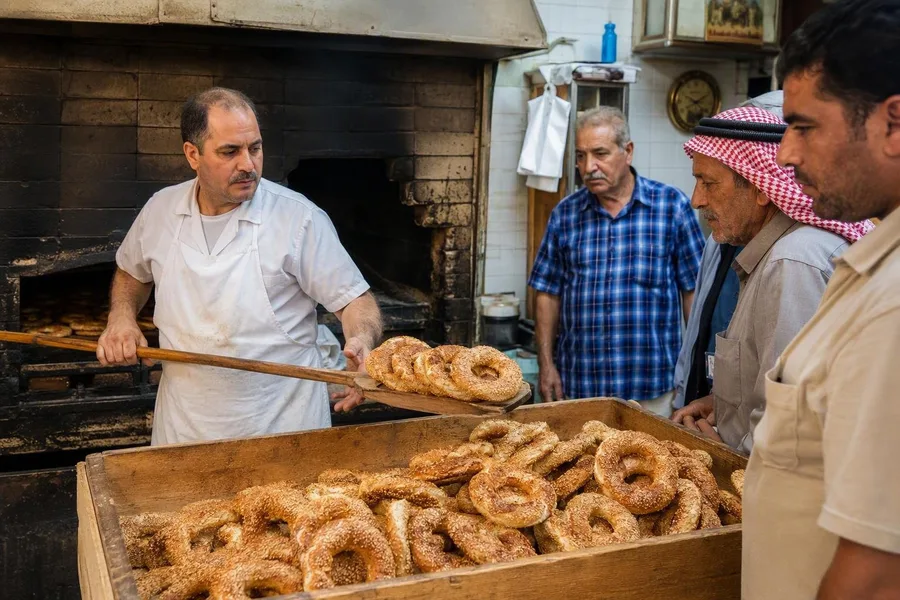 Een bakker legt verse ka‘ak met sesam in een houten bak bij Salaheddine Bakery aan King Hussein Street.