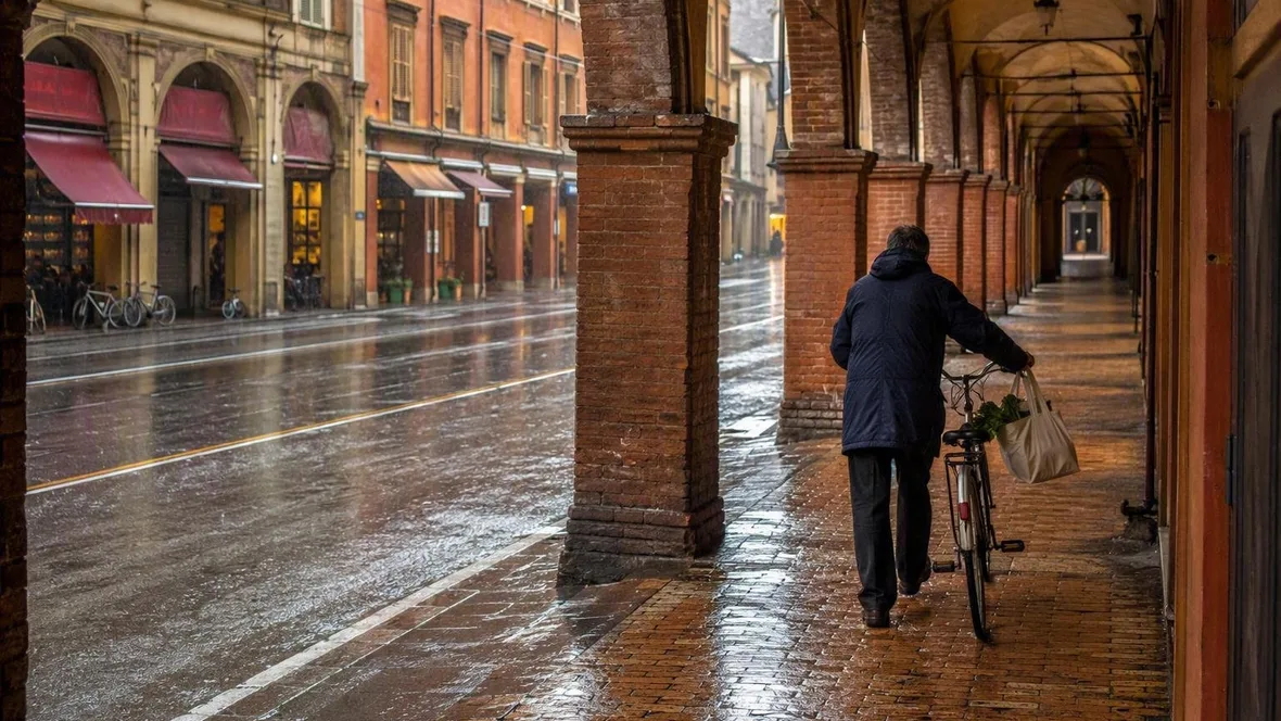 Een bui onder de bogen van Bologna