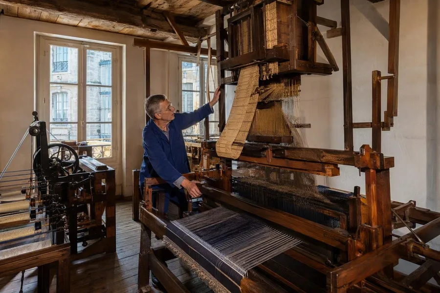 Een gids bedient een Jacquardhandgetouw in het atelier van Soierie Vivante aan de montée Justin-Godart.