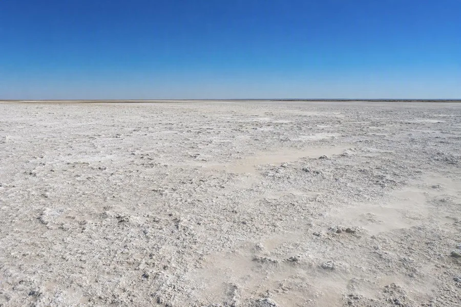 Een harde witte zoutkorst strekt zich uit over Makgadikgadi Pans National Park in Botswana.