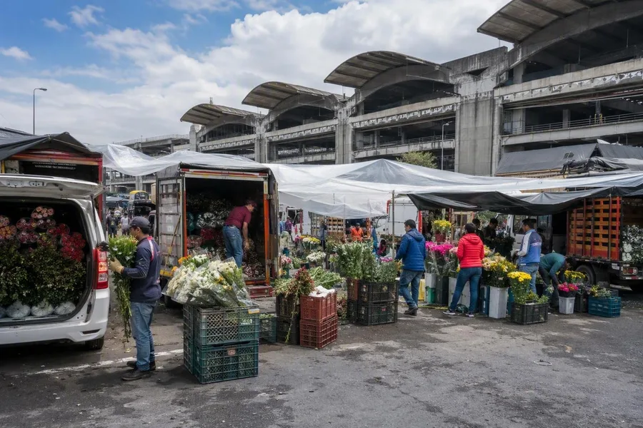 Bloemenpartijen arriveren onder plastic kappen op het parkeerterrein van Paloquemao bij Calle 19.