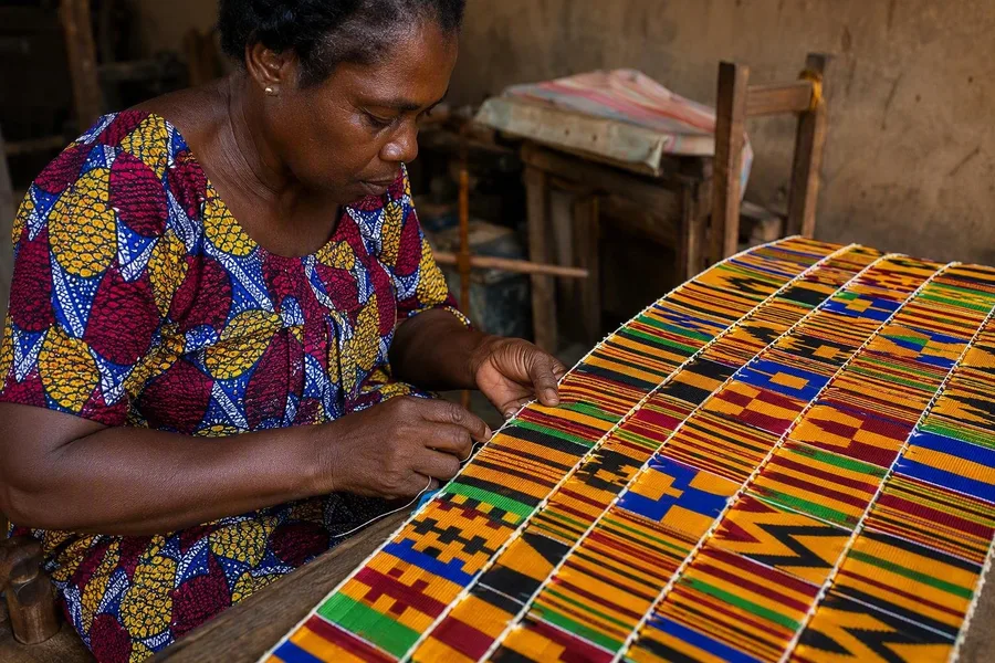 Een maker in Bonwire naait smalle kente-banen met de hand tot een brede doek.