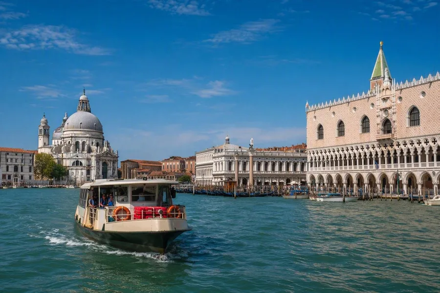 Een vaporetto vaart het bassin van San Marco binnen tussen Santa Maria della Salute en het Dogenpaleis.