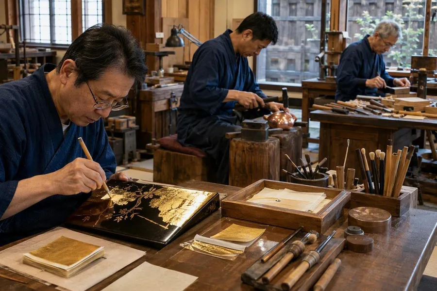 Ambachtslieden werken zij aan zij in de Osaikusho-werkplaats bij Kanazawa Castle.