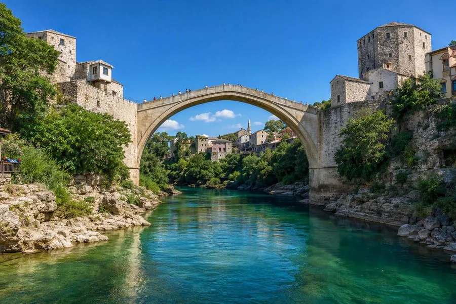 De bleke stenen boog van Stari Most rijst boven de groene Neretva tussen Mostars rotsachtige oevers.